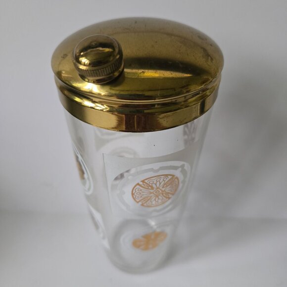 Vintage Glass Cocktail Shaker With Gold-Tone Lid & Retro Pattern Design - Picture 2 of 16